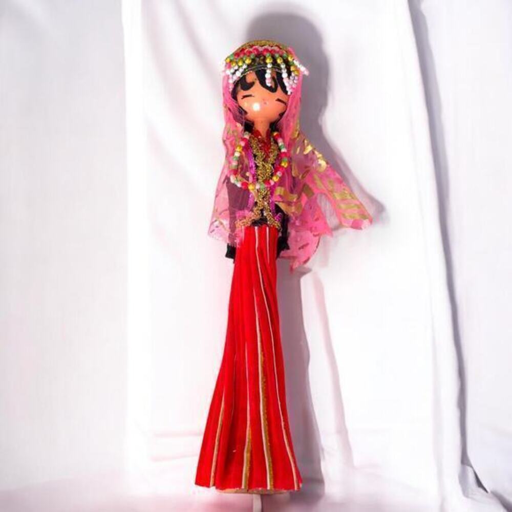 Vintage Chinese Tajik Wood Doll Pink Outfit Stands 8.5” Tall
